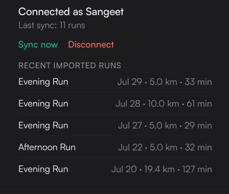 The mylz app's Strava panel: connected account with five recently imported runs and their dates, distances and times